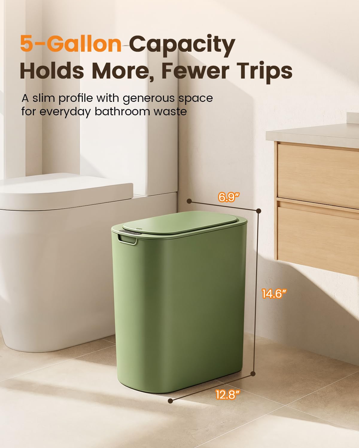 5 Gallon Automatic Bathroom Trash Can with Lid, White, Touchless