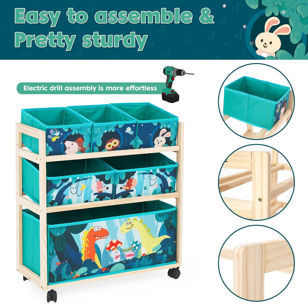 Toy Storage Cart with Wheels, 6 Bins Organizer for Kids