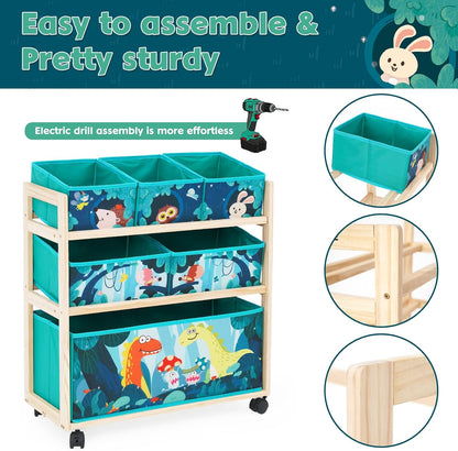 Toy Storage Cart with Wheels, 6 Bins Organizer for Kids