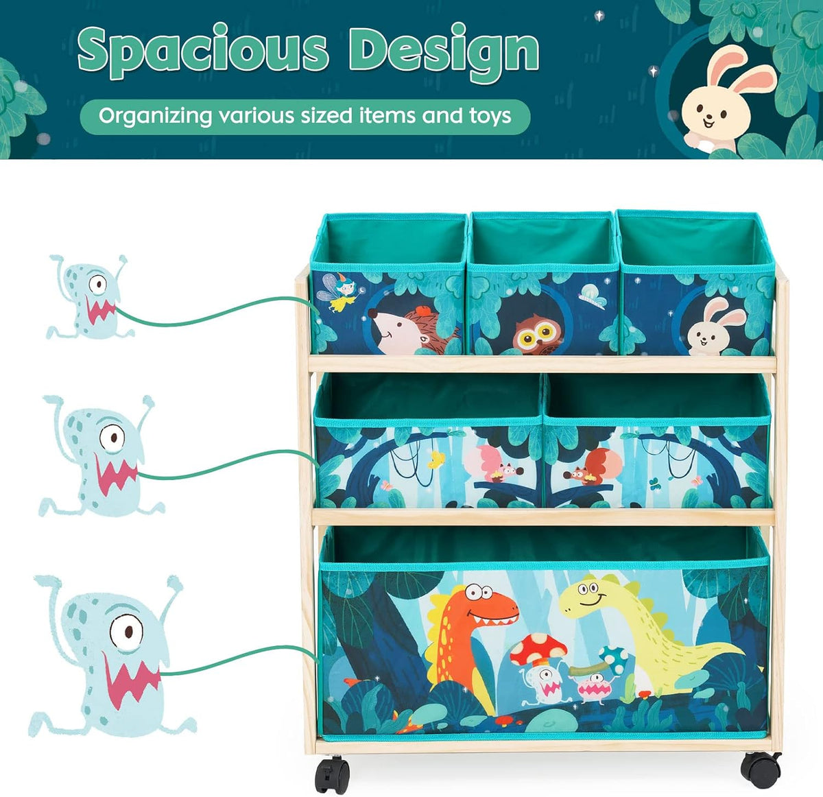Toy Storage Cart with Wheels, 6 Bins Organizer for Kids