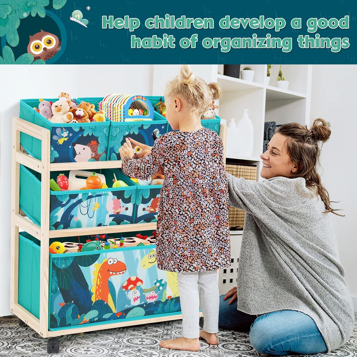 Toy Storage Cart with Wheels, 6 Bins Organizer for Kids