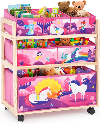 Toy Storage Cart with Wheels, 6 Bins Organizer for Kids