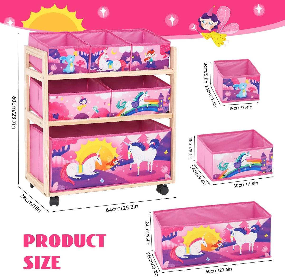Toy Storage Cart with Wheels, 6 Bins Organizer for Kids