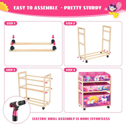 Toy Storage Cart with Wheels, 6 Bins Organizer for Kids