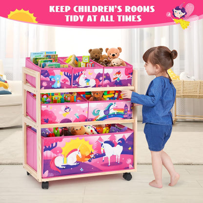 Toy Storage Cart with Wheels, 6 Bins Organizer for Kids