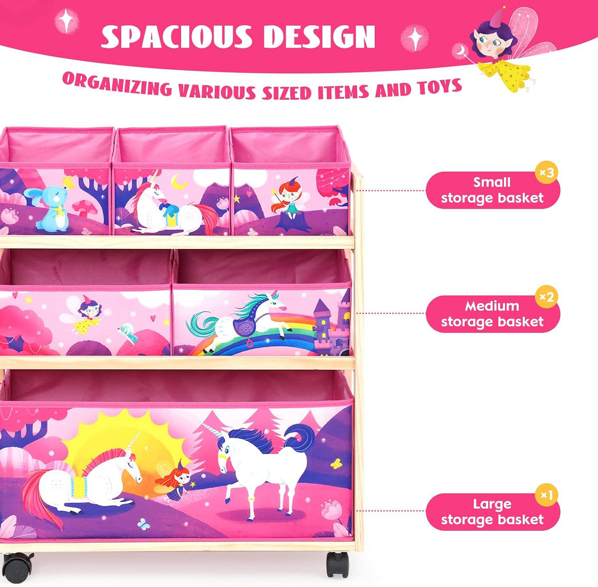 Toy Storage Cart with Wheels, 6 Bins Organizer for Kids