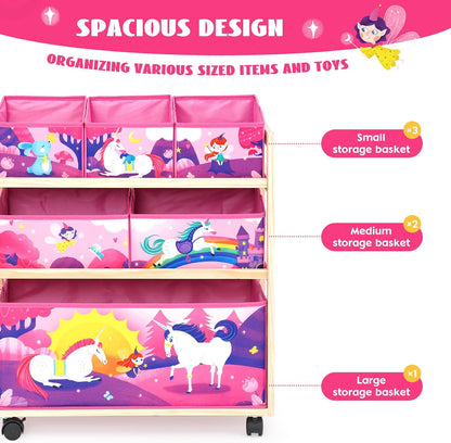 Toy Storage Cart with Wheels, 6 Bins Organizer for Kids