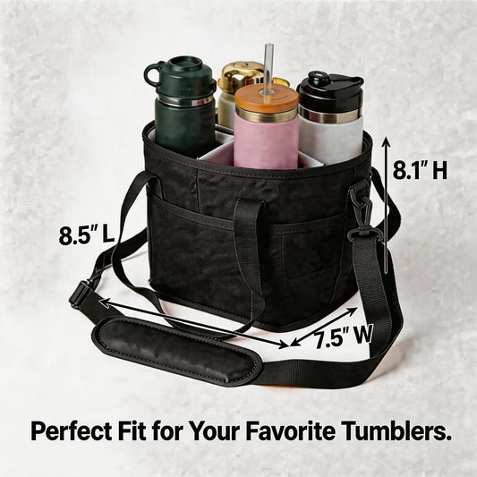 4 Compartment Insulated Drink Carrier Bag with Strap for Travel | Black Insulated Fabric Holder. Adjustable Strap. Ideal for Car Picnic. Reusable and Leakproof. Fits 4 Tumblers