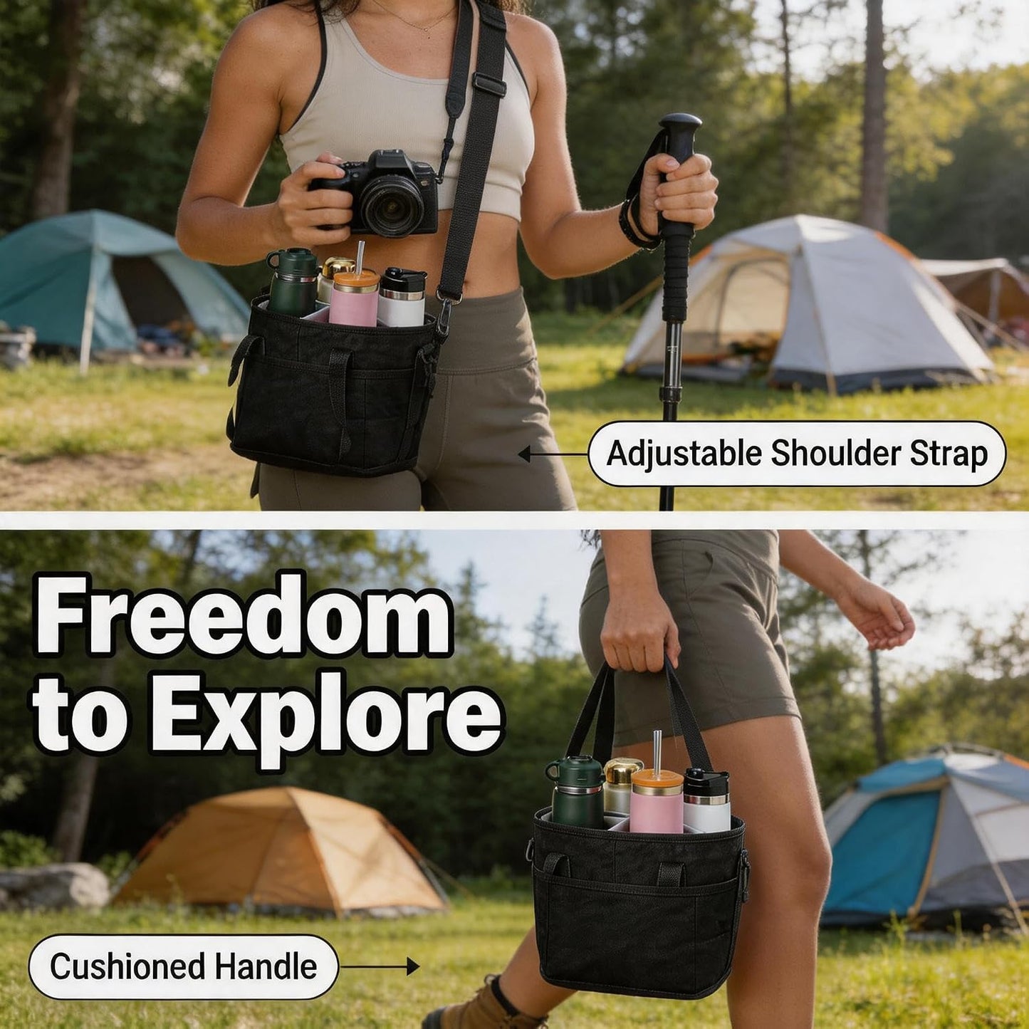 4 Compartment Insulated Drink Carrier Bag with Strap for Travel | Black Insulated Fabric Holder. Adjustable Strap. Ideal for Car Picnic. Reusable and Leakproof. Fits 4 Tumblers