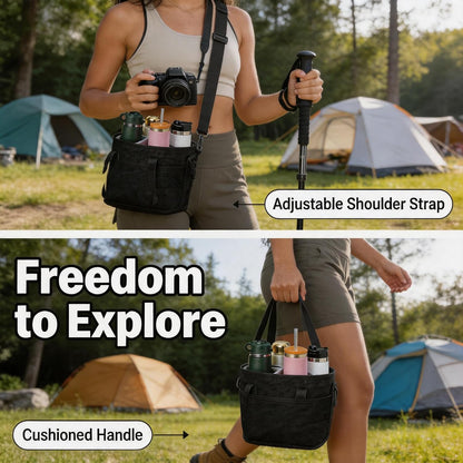 4 Compartment Insulated Drink Carrier Bag with Strap for Travel | Black Insulated Fabric Holder. Adjustable Strap. Ideal for Car Picnic. Reusable and Leakproof. Fits 4 Tumblers