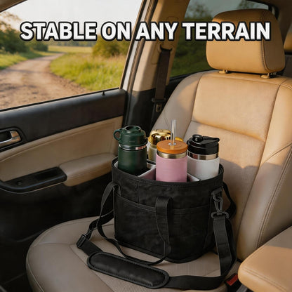4 Compartment Insulated Drink Carrier Bag with Strap for Travel | Black Insulated Fabric Holder. Adjustable Strap. Ideal for Car Picnic. Reusable and Leakproof. Fits 4 Tumblers