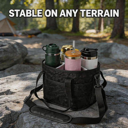 4 Compartment Insulated Drink Carrier Bag with Strap for Travel | Black Insulated Fabric Holder. Adjustable Strap. Ideal for Car Picnic. Reusable and Leakproof. Fits 4 Tumblers