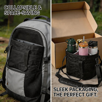 4 Compartment Insulated Drink Carrier Bag with Strap for Travel | Black Insulated Fabric Holder. Adjustable Strap. Ideal for Car Picnic. Reusable and Leakproof. Fits 4 Tumblers