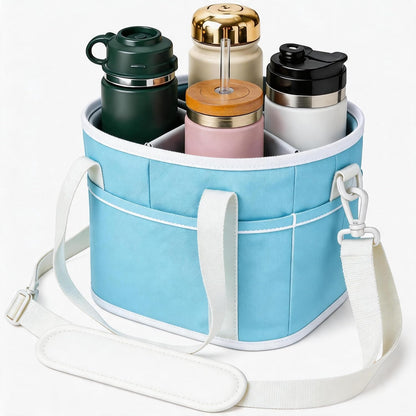4 Compartment Insulated Drink Carrier Bag with Strap for Travel | Black Insulated Fabric Holder. Adjustable Strap. Ideal for Car Picnic. Reusable and Leakproof. Fits 4 Tumblers