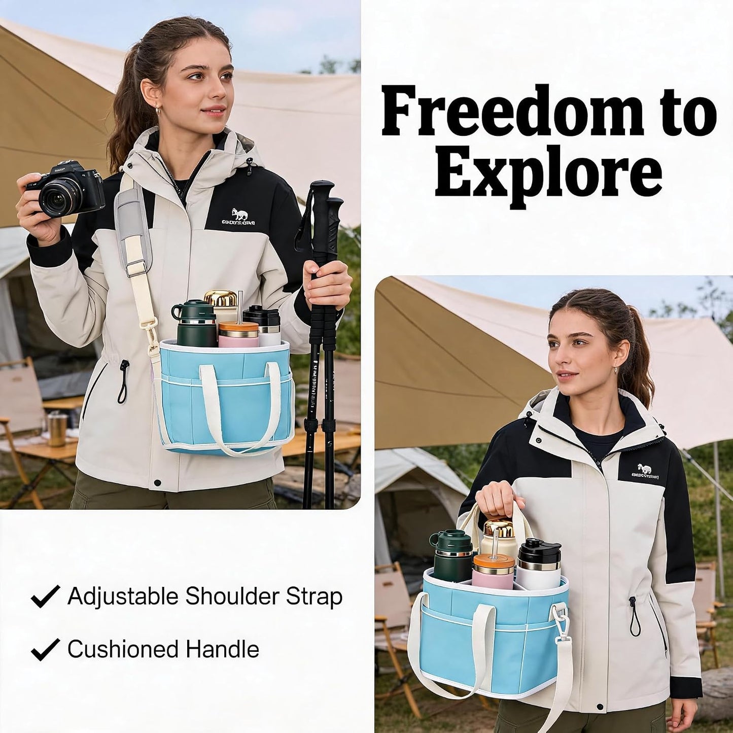 4 Compartment Insulated Drink Carrier Bag with Strap for Travel | Black Insulated Fabric Holder. Adjustable Strap. Ideal for Car Picnic. Reusable and Leakproof. Fits 4 Tumblers