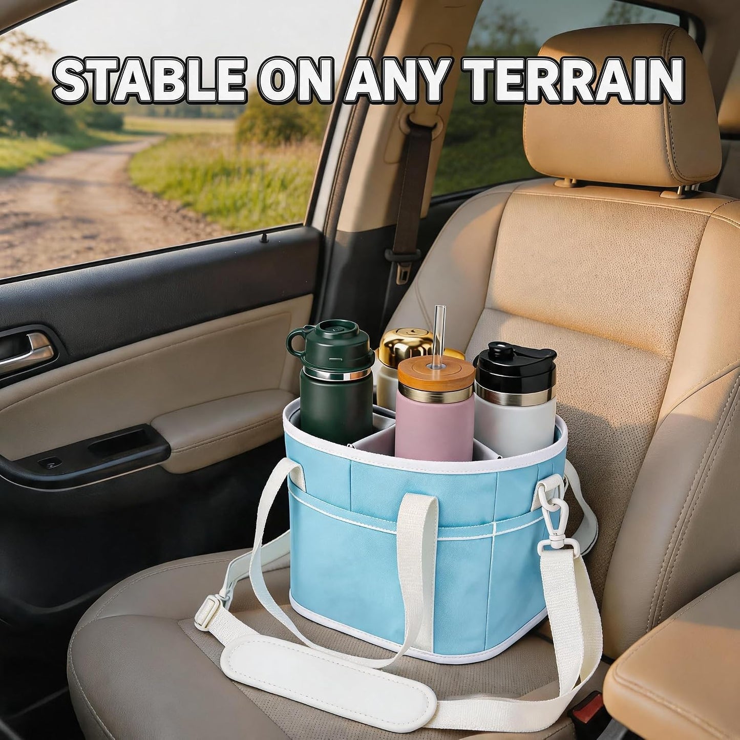 4 Compartment Insulated Drink Carrier Bag with Strap for Travel | Black Insulated Fabric Holder. Adjustable Strap. Ideal for Car Picnic. Reusable and Leakproof. Fits 4 Tumblers