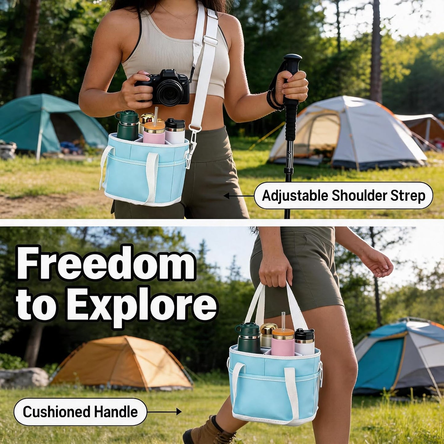 4 Compartment Insulated Drink Carrier Bag with Strap for Travel | Black Insulated Fabric Holder. Adjustable Strap. Ideal for Car Picnic. Reusable and Leakproof. Fits 4 Tumblers