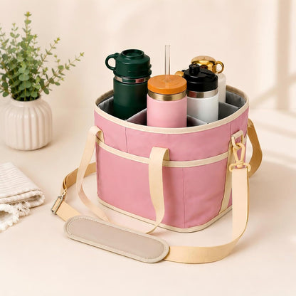 4 Compartment Insulated Drink Carrier Bag with Strap for Travel | Black Insulated Fabric Holder. Adjustable Strap. Ideal for Car Picnic. Reusable and Leakproof. Fits 4 Tumblers
