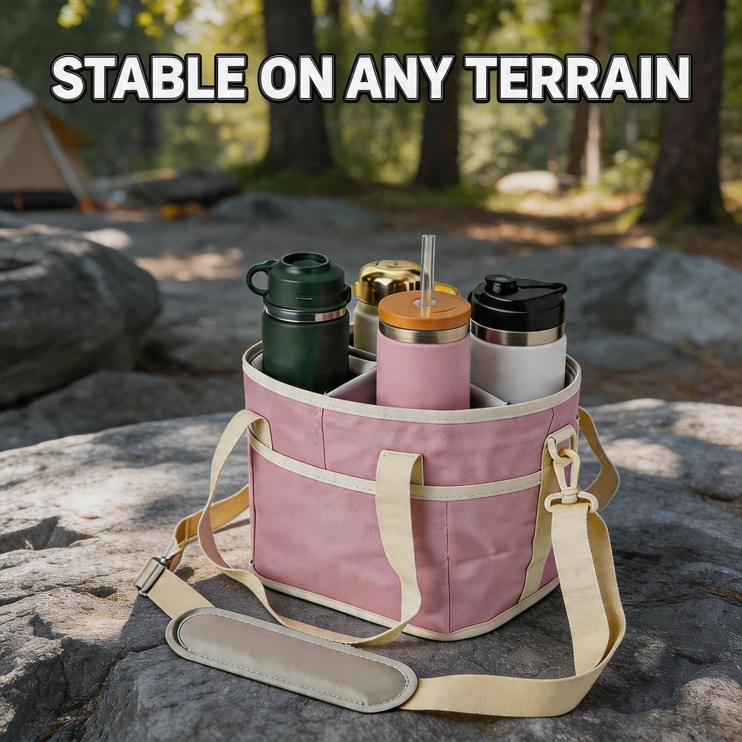 4 Compartment Insulated Drink Carrier Bag with Strap for Travel | Black Insulated Fabric Holder. Adjustable Strap. Ideal for Car Picnic. Reusable and Leakproof. Fits 4 Tumblers