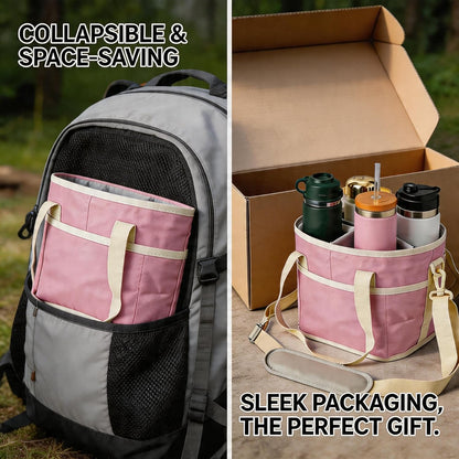 4 Compartment Insulated Drink Carrier Bag with Strap for Travel | Black Insulated Fabric Holder. Adjustable Strap. Ideal for Car Picnic. Reusable and Leakproof. Fits 4 Tumblers