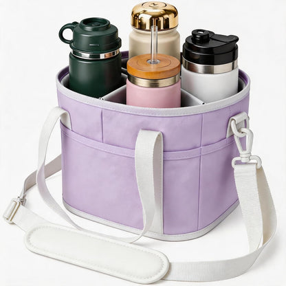 4 Compartment Insulated Drink Carrier Bag with Strap for Travel | Black Insulated Fabric Holder. Adjustable Strap. Ideal for Car Picnic. Reusable and Leakproof. Fits 4 Tumblers