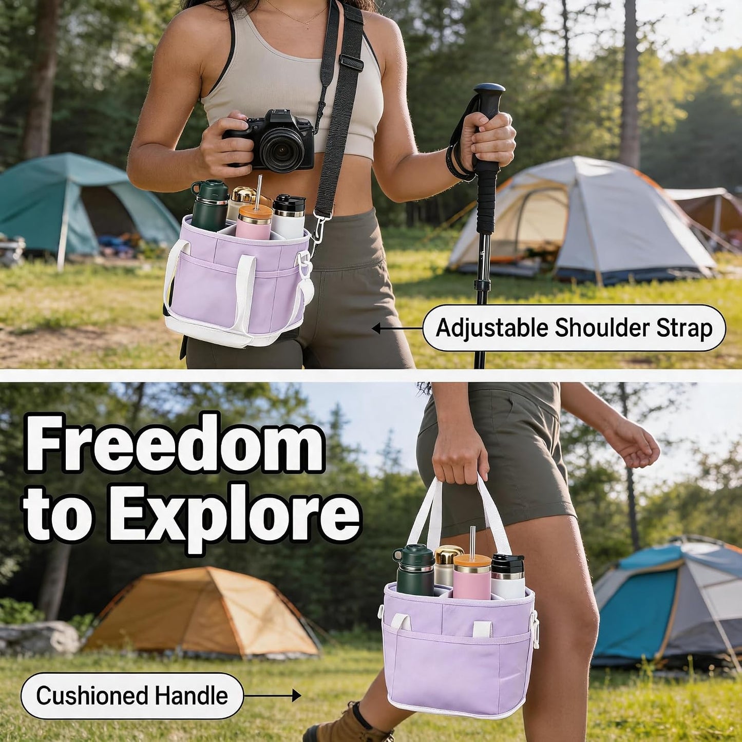 4 Compartment Insulated Drink Carrier Bag with Strap for Travel | Black Insulated Fabric Holder. Adjustable Strap. Ideal for Car Picnic. Reusable and Leakproof. Fits 4 Tumblers