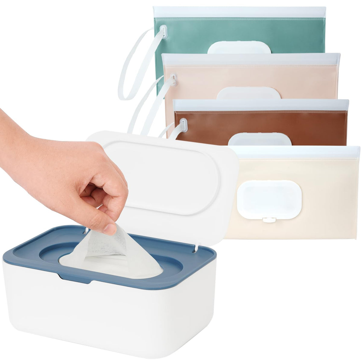 Wipes Dispenser with 4 Pack Portable Baby Wipe Case, Wipe Holder for Baby & Adult, Refillable Wipe Container, Keeps Wipes Fresh, Easy Open/Close Wipes Pouch Case, Blue + 4 PureColor