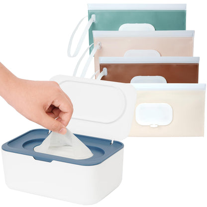 Wipes Dispenser with 4 Pack Portable Baby Wipe Case, Wipe Holder for Baby & Adult, Refillable Wipe Container, Keeps Wipes Fresh, Easy Open/Close Wipes Pouch Case, Blue + 4 PureColor