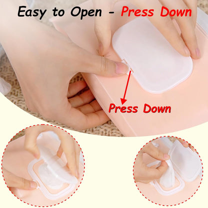 Wipes Dispenser with 4 Pack Portable Baby Wipe Case, Wipe Holder for Baby & Adult, Refillable Wipe Container, Keeps Wipes Fresh, Easy Open/Close Wipes Pouch Case, Blue + 4 PureColor