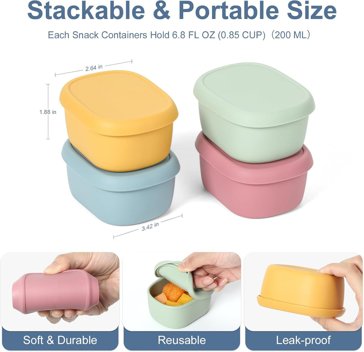 6 pcs 10 oz Silicone Snack Containers for Kids Small Food Containers with Lids, Fruit Containers for Lunch, Stackable Lunch Containers for Kids, Daycare, School and Travel
