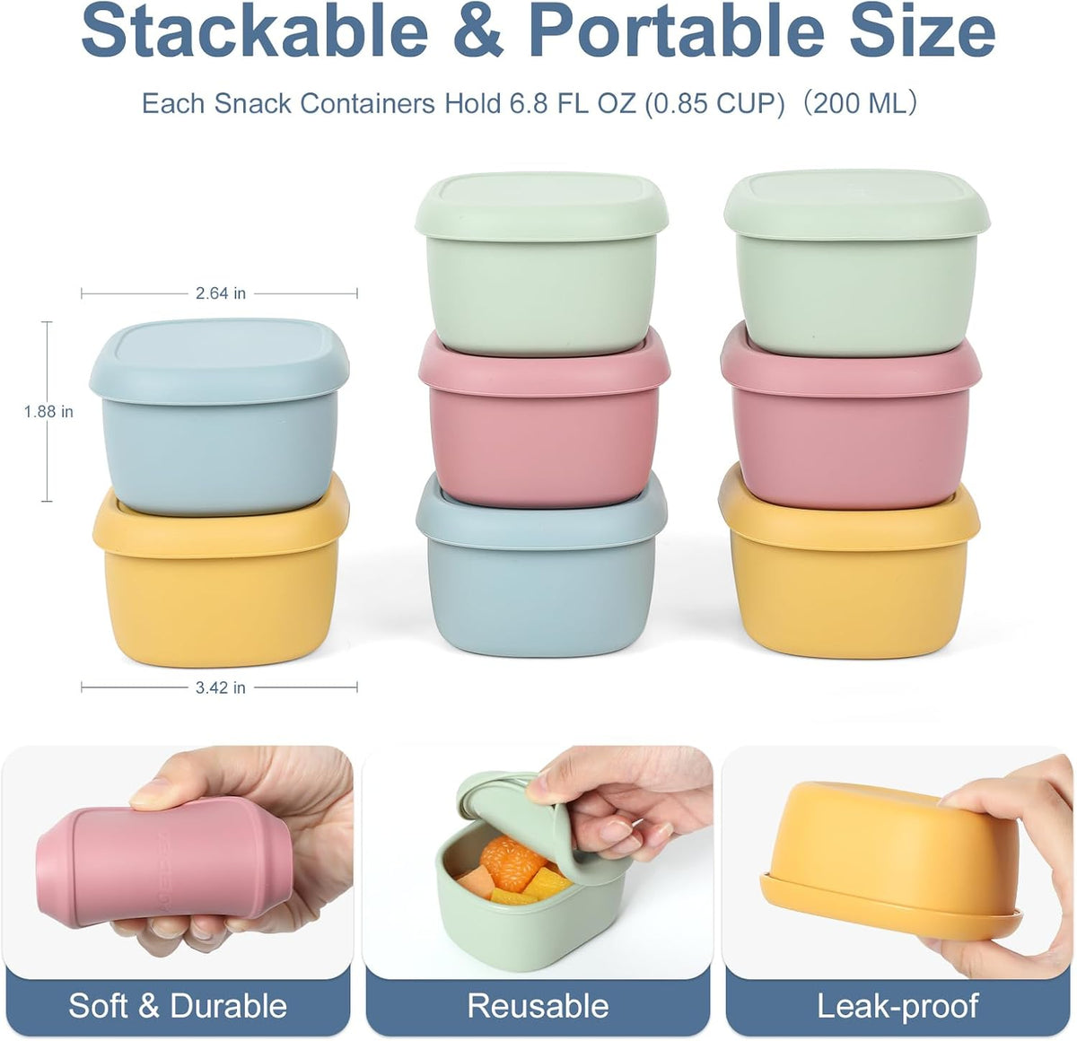 6 pcs 10 oz Silicone Snack Containers for Kids Small Food Containers with Lids, Fruit Containers for Lunch, Stackable Lunch Containers for Kids, Daycare, School and Travel