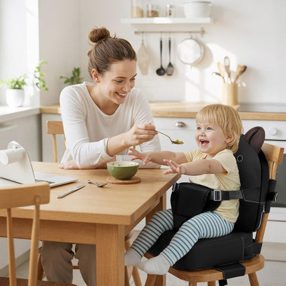Toddler Booster Seat for Kitchen Chair with Backrest and Adjustable Strap (Black, OneSize)