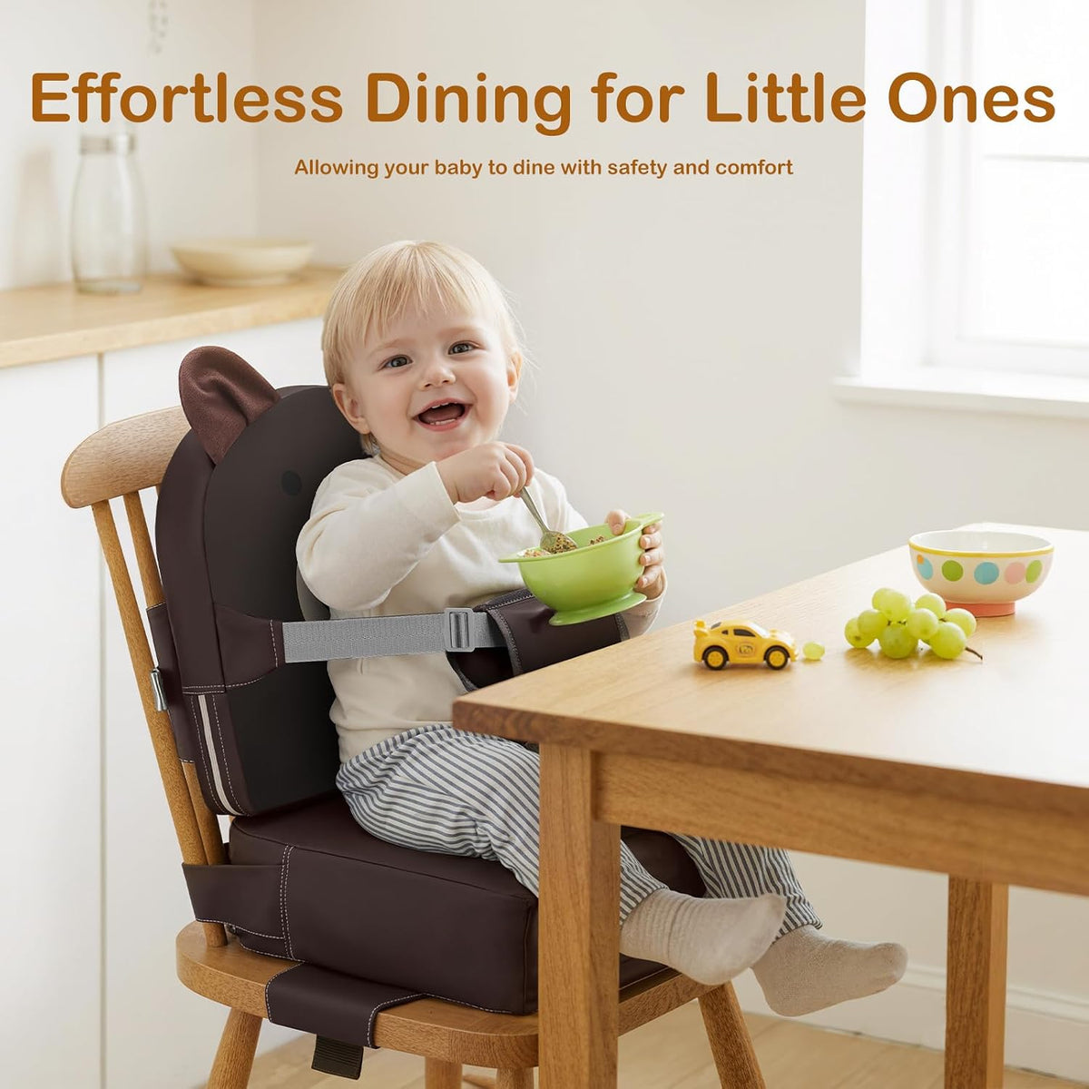 Toddler Booster Seat for Kitchen Chair with Backrest and Adjustable Strap (Black, OneSize)