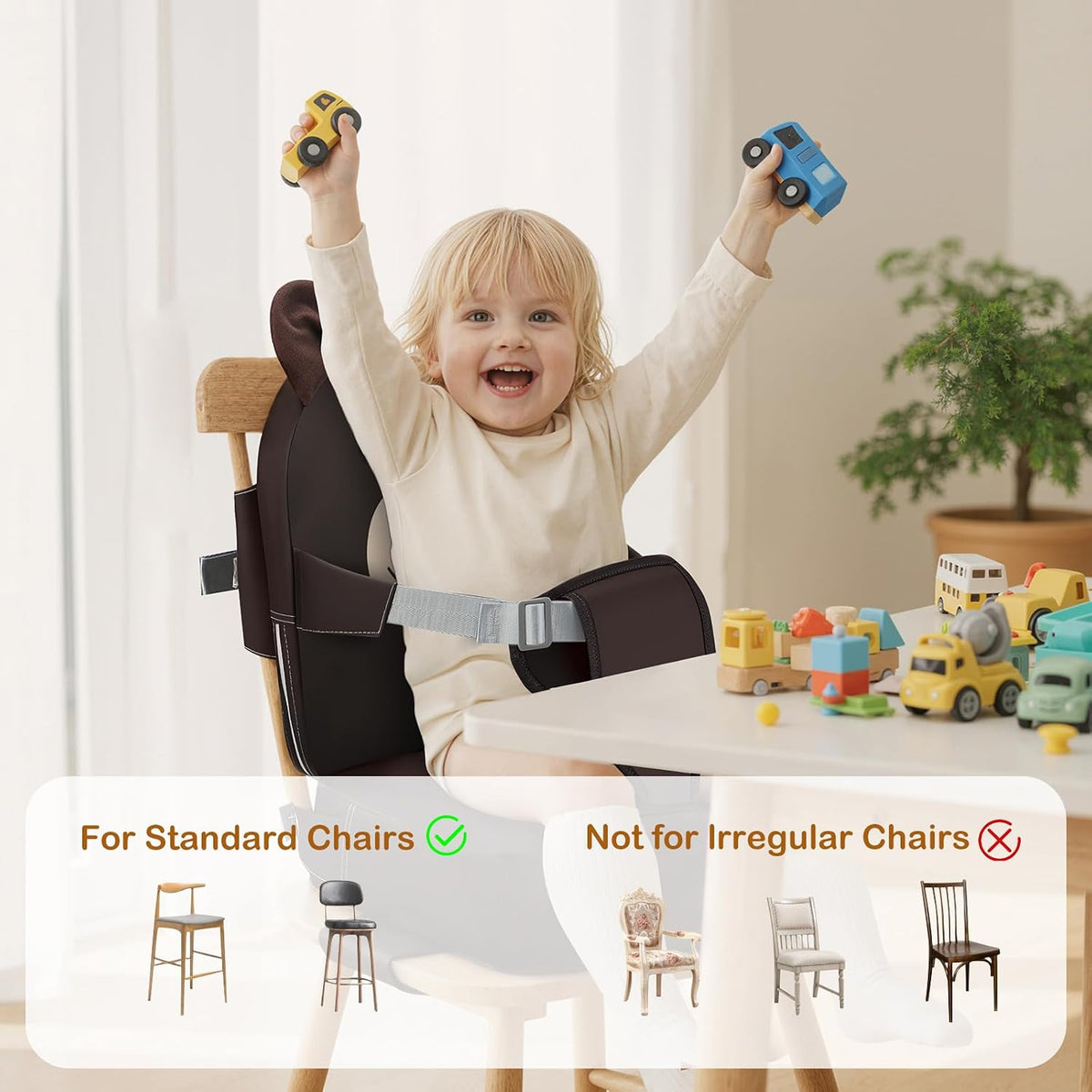 Toddler Booster Seat for Kitchen Chair with Backrest and Adjustable Strap (Black, OneSize)