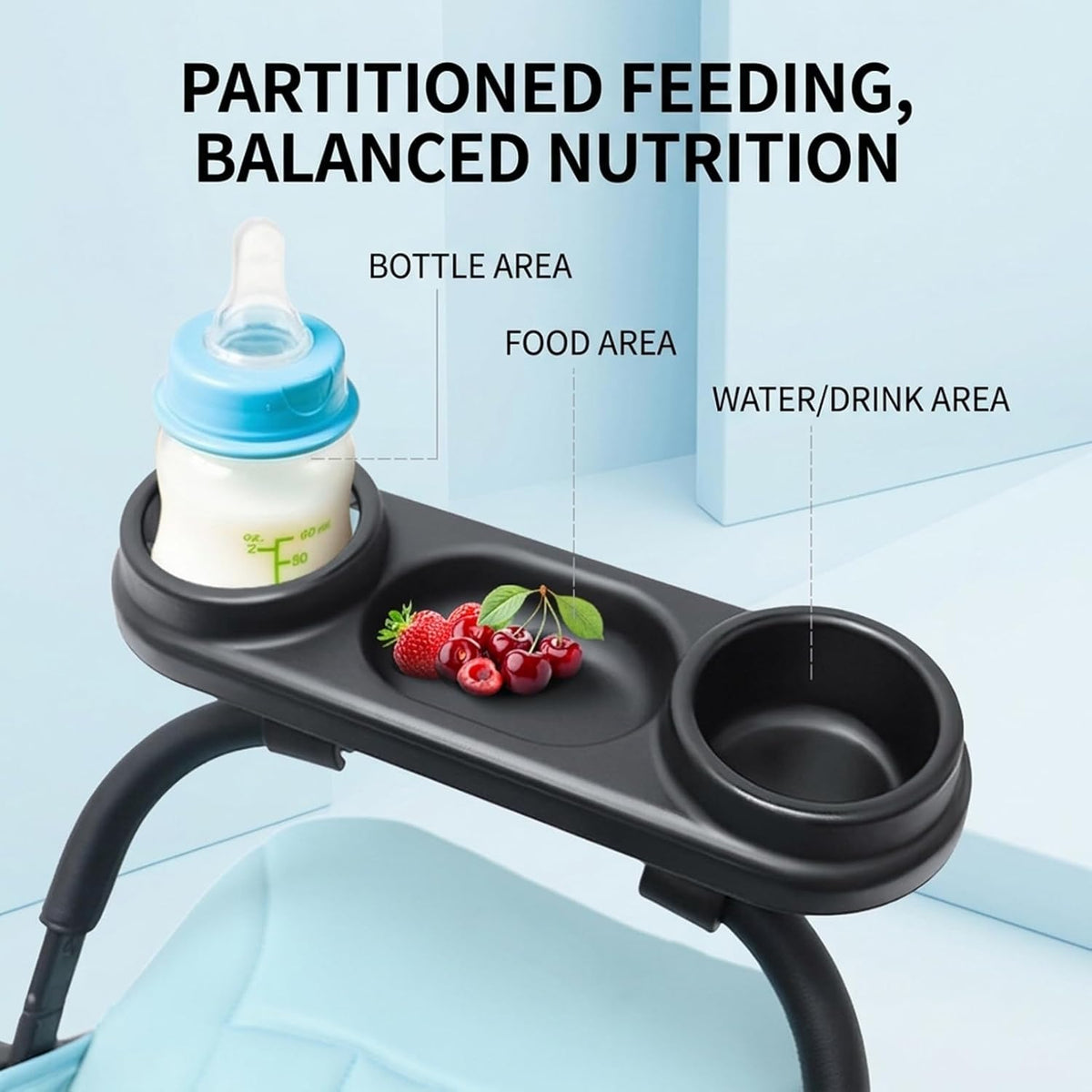 Stroller Snack Tray Attachment - Black Snack Tray for Stroller with Spill-Proof Cup Holders & Removable Dividers, Organizer for Baby Food and Drinks, for