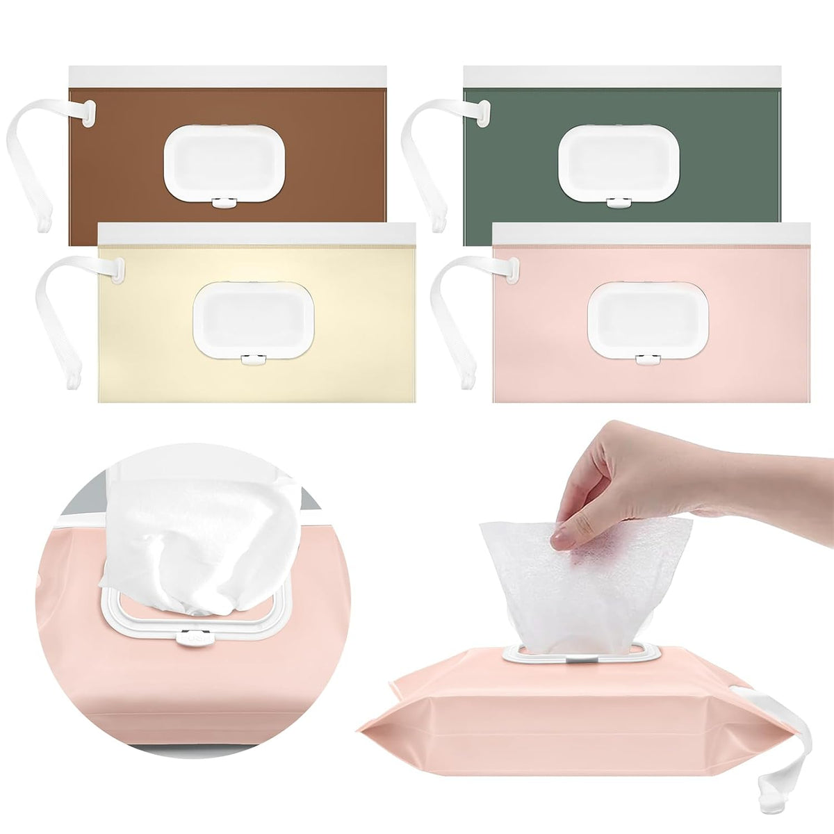 4 Packs Baby Wipes Dispenser,Portable Refillable Wipe Holder with Hanging Loop, Wet Wipes Container,Reusable Travel Baby Wipes Pouch for Indoor & Outdoor Using