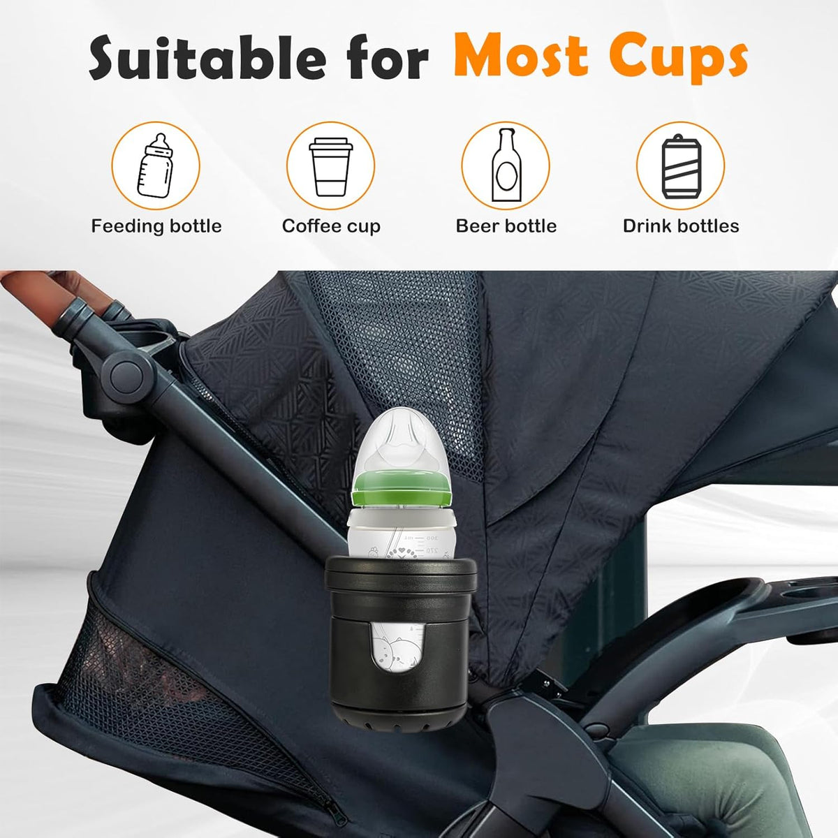 Cup Holders for Bugaboo Strollers, Dual Drink Holder with 360° Rotation, ABS + Silicone, Holds Large & Small Cups