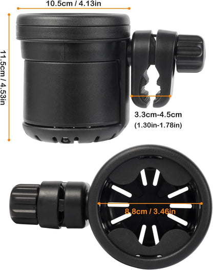 Cup Holders for Bugaboo Strollers, Dual Drink Holder with 360° Rotation, ABS + Silicone, Holds Large & Small Cups