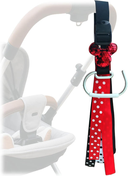 Universal Stroller Hooks with Sparkly Red Sequin Decor & Polka Dot Ribbon, Quickly Locate Your Stroller in Crowded Parks, Airports, Cute Theme Park Trip Essentials, Adjustable