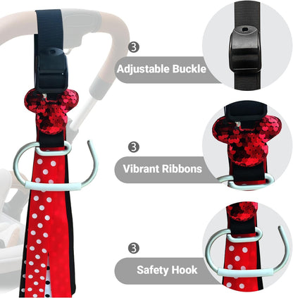 Universal Stroller Hooks with Sparkly Red Sequin Decor & Polka Dot Ribbon, Quickly Locate Your Stroller in Crowded Parks, Airports, Cute Theme Park Trip Essentials, Adjustable