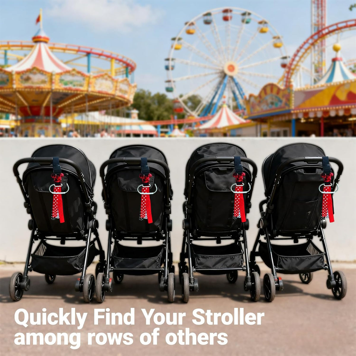 Universal Stroller Hooks with Sparkly Red Sequin Decor & Polka Dot Ribbon, Quickly Locate Your Stroller in Crowded Parks, Airports, Cute Theme Park Trip Essentials, Adjustable
