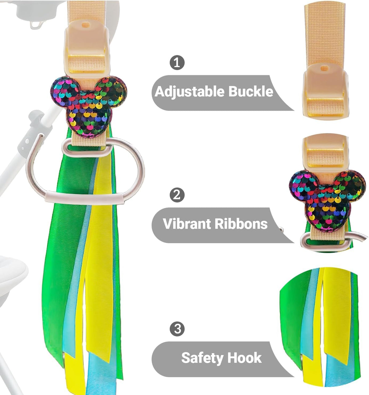 Universal Stroller Hooks with Sparkly Red Sequin Decor & Polka Dot Ribbon, Quickly Locate Your Stroller in Crowded Parks, Airports, Cute Theme Park Trip Essentials, Adjustable