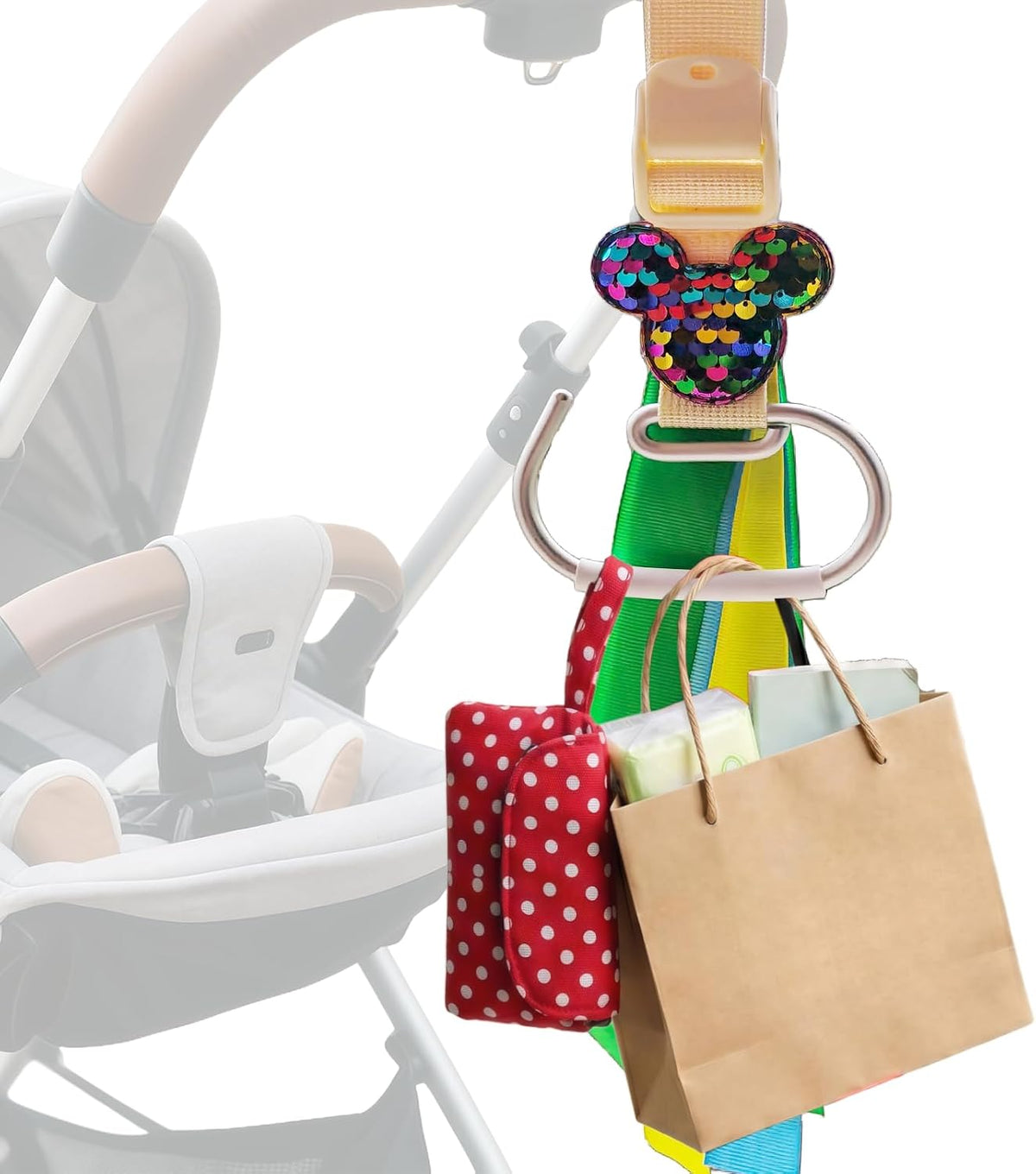 Universal Stroller Hooks with Sparkly Red Sequin Decor & Polka Dot Ribbon, Quickly Locate Your Stroller in Crowded Parks, Airports, Cute Theme Park Trip Essentials, Adjustable