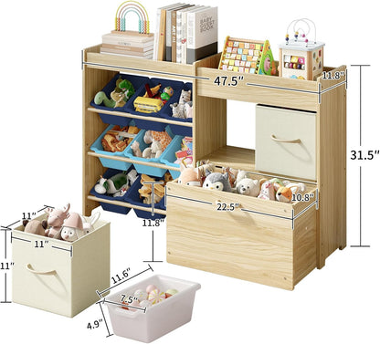 Toy Storage Organizer with Stuffed Animal Holder, Solid Wood Kids Toy Shelf with 2 Drawers, Rolling Toy Chest and Top Rack, Plush Toy Storage for Bedroom, Playroom, Nursery