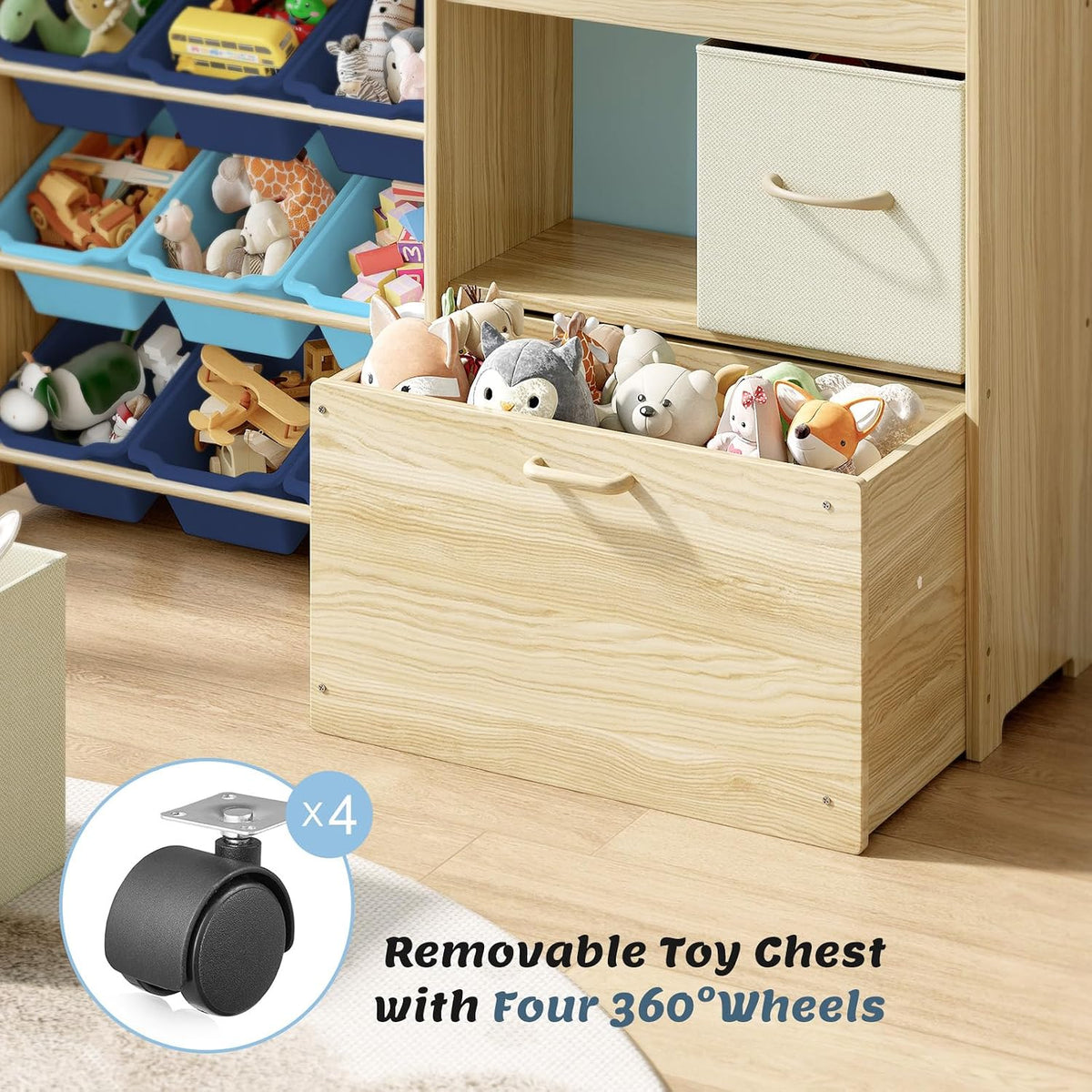 Toy Storage Organizer with Stuffed Animal Holder, Solid Wood Kids Toy Shelf with 2 Drawers, Rolling Toy Chest and Top Rack, Plush Toy Storage for Bedroom, Playroom, Nursery
