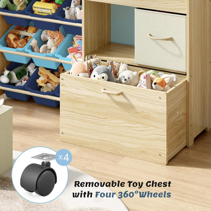 Toy Storage Organizer with Stuffed Animal Holder, Solid Wood Kids Toy Shelf with 2 Drawers, Rolling Toy Chest and Top Rack, Plush Toy Storage for Bedroom, Playroom, Nursery