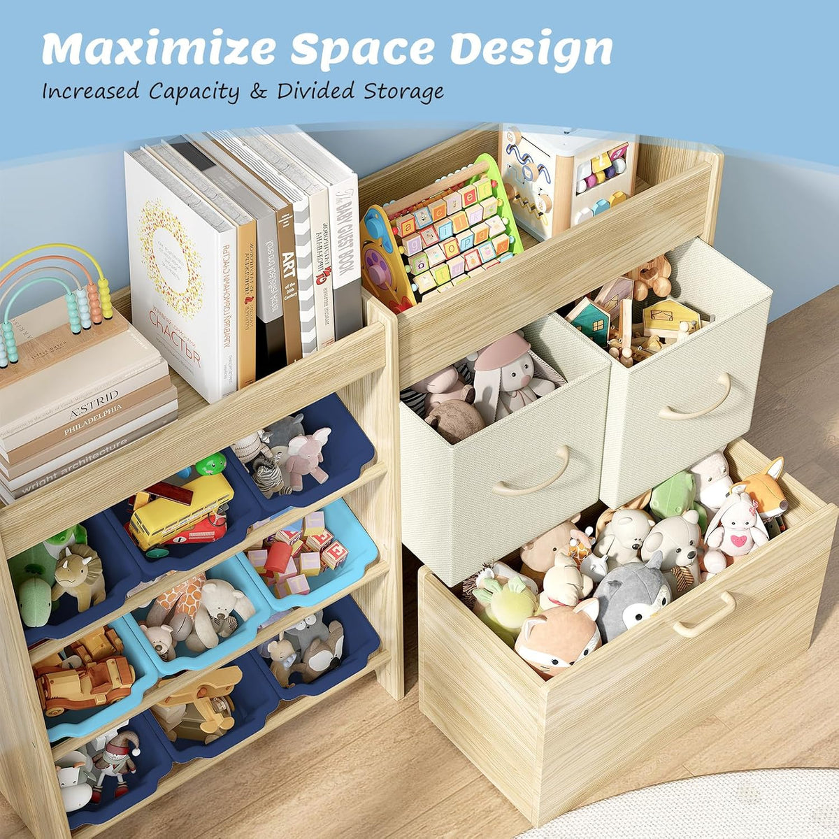 Toy Storage Organizer with Stuffed Animal Holder, Solid Wood Kids Toy Shelf with 2 Drawers, Rolling Toy Chest and Top Rack, Plush Toy Storage for Bedroom, Playroom, Nursery