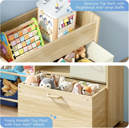 Toy Storage Organizer with Stuffed Animal Holder, Solid Wood Kids Toy Shelf with 2 Drawers, Rolling Toy Chest and Top Rack, Plush Toy Storage for Bedroom, Playroom, Nursery