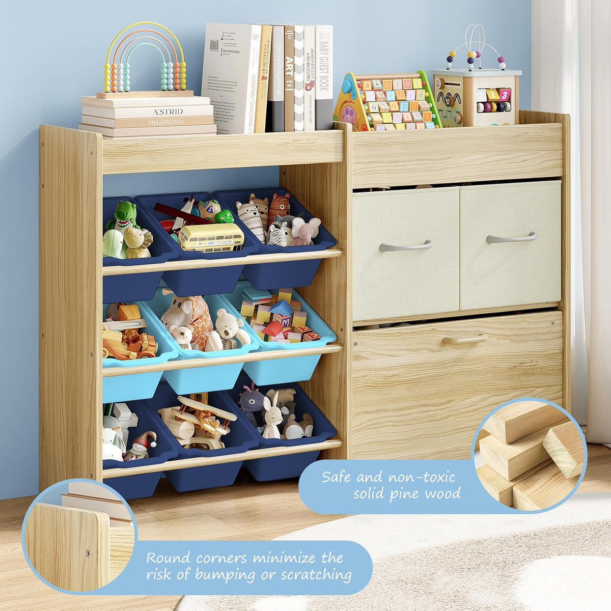 Toy Storage Organizer with Stuffed Animal Holder, Solid Wood Kids Toy Shelf with 2 Drawers, Rolling Toy Chest and Top Rack, Plush Toy Storage for Bedroom, Playroom, Nursery
