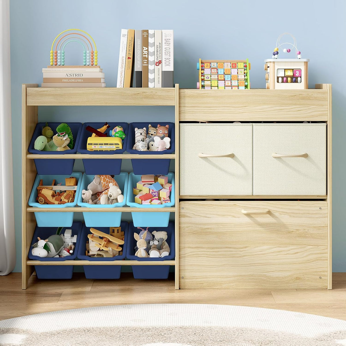 Toy Storage Organizer with Stuffed Animal Holder, Solid Wood Kids Toy Shelf with 2 Drawers, Rolling Toy Chest and Top Rack, Plush Toy Storage for Bedroom, Playroom, Nursery